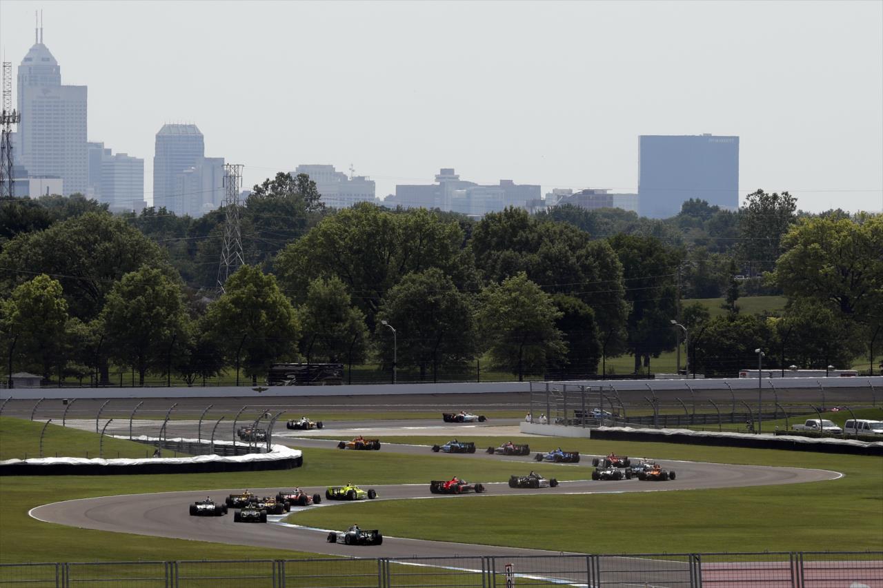 The field streams through the backstretch esses (Turns 8-10) during the 2020 GMR Grand Prix at the Indianapolis Motor Speedway -- Photo by: Chris Jones