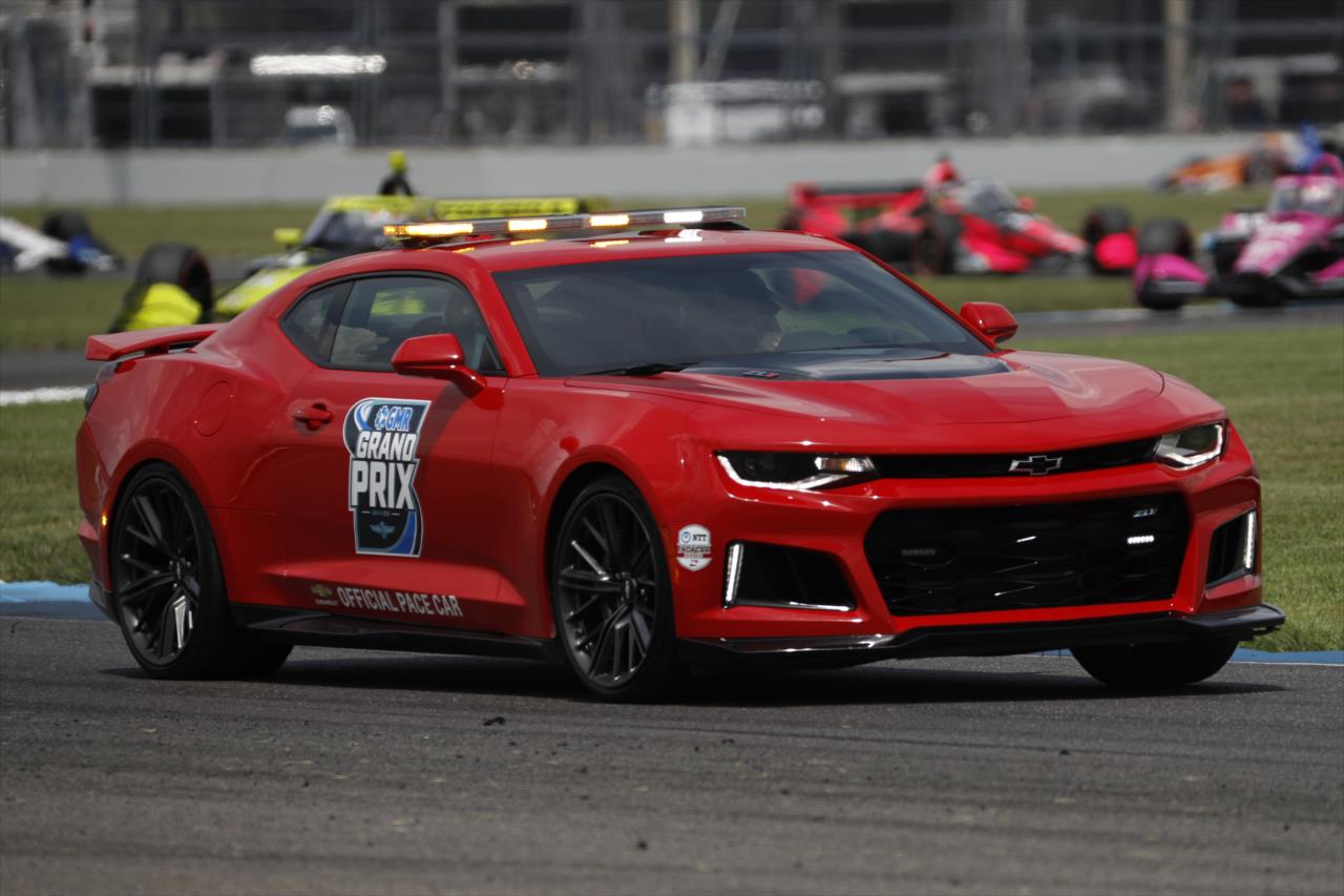 The Chevrolet Camaro pace car leads the field during a caution period in the 2020 GMR Grand Prix at the Indianapolis Motor Speedway -- Photo by: Chris Jones