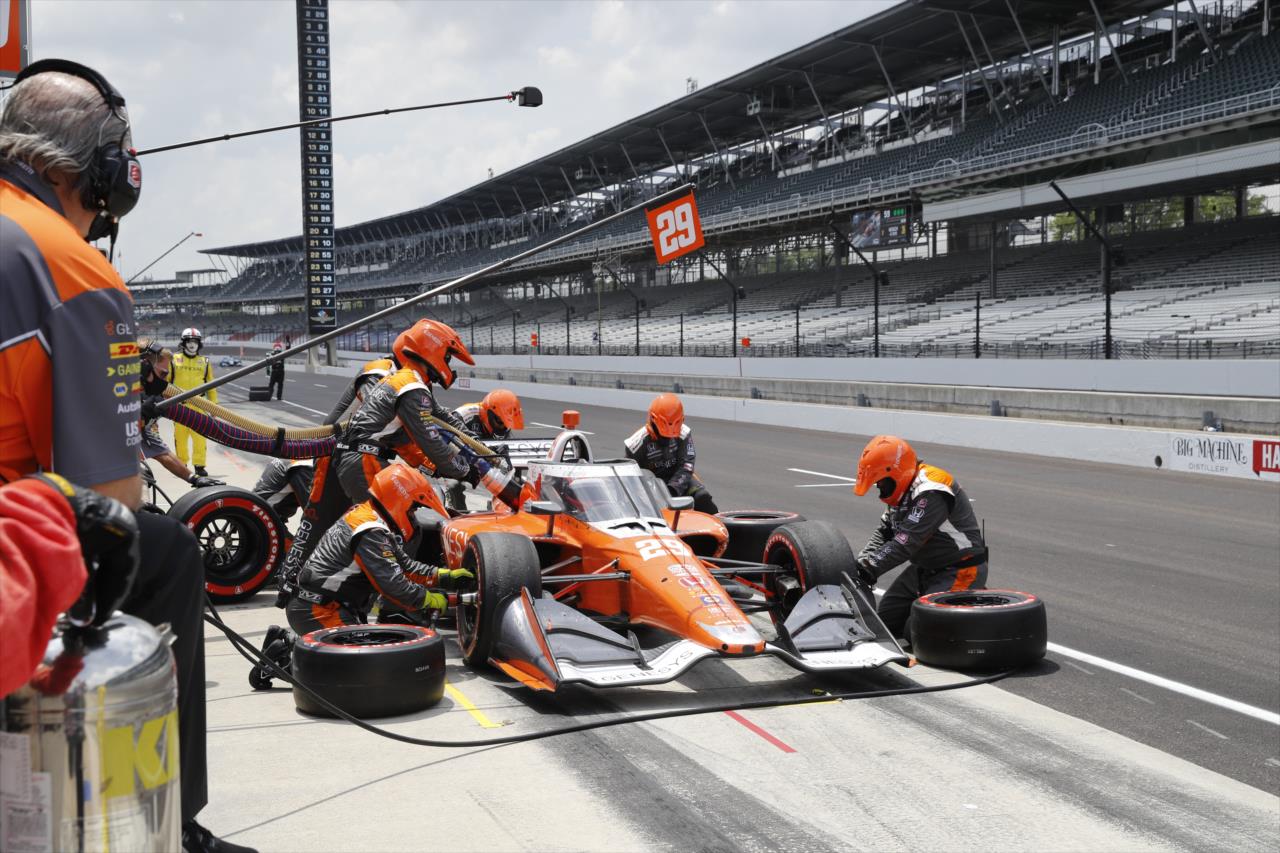 James Hinchcliffe comes in for tires and fuel on pit lane during the 2020 GMR Grand Prix at the Indianapolis Motor Speedway -- Photo by: Chris Jones