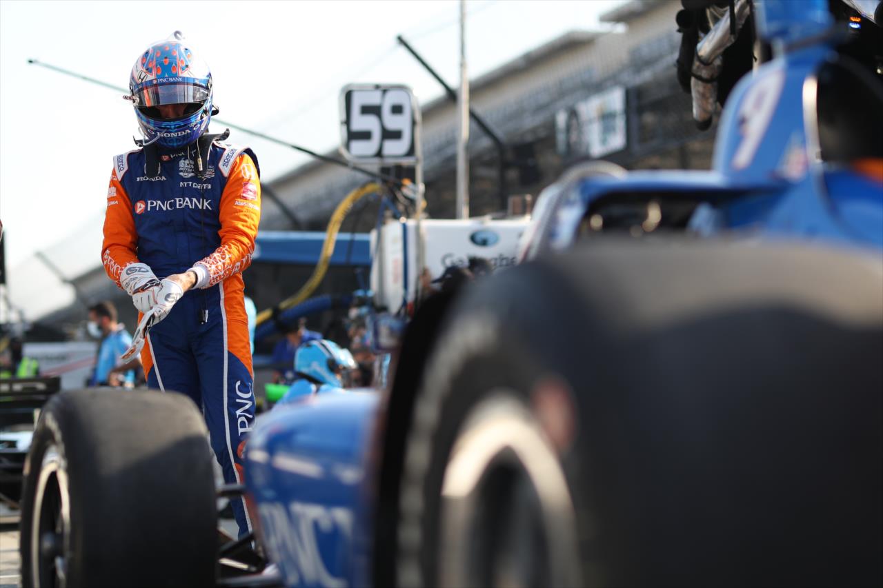 Scott Dixon looks over his No. 9 PNC Bank Honda on pit lane prior to the start of the final warmup for the 2020 GMR Grand Prix at the Indianapolis Motor Speedway -- Photo by: Chris Owens