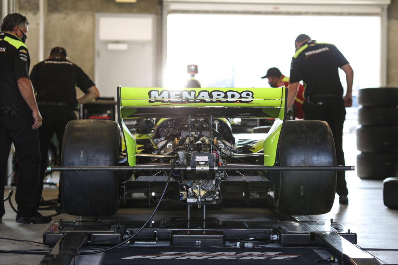 The No. 22 Menards Chevrolet of Simon Pagenaud goes through final preparations in the paddock prior to the final warmup for the 2020 GMR Grand Prix at the Indianapolis Motor Speedway -- Photo by: Chris Owens