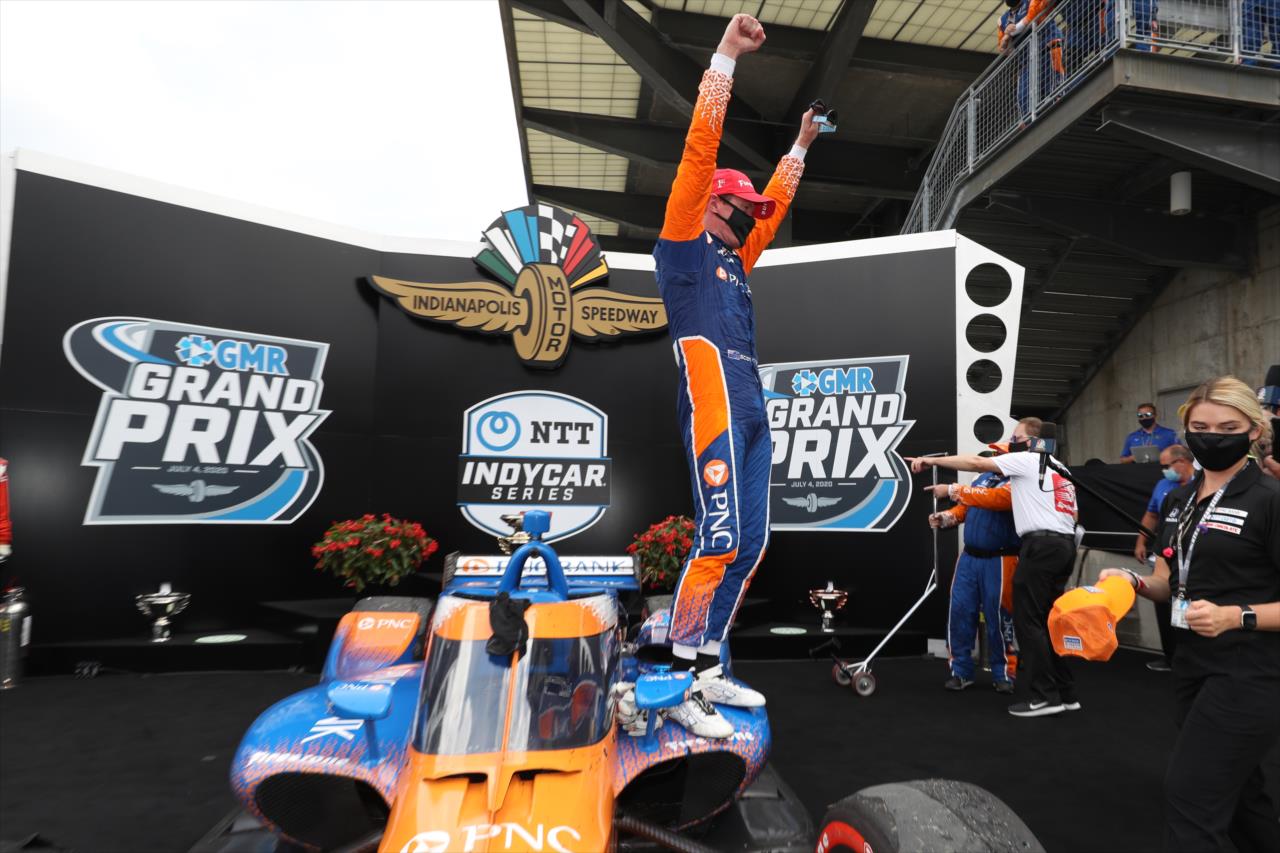 Scott Dixon celebrates in Victory Circle after winning the 2020 GMR Grand Prix at the Indianapolis Motor Speedway -- Photo by: Chris Owens