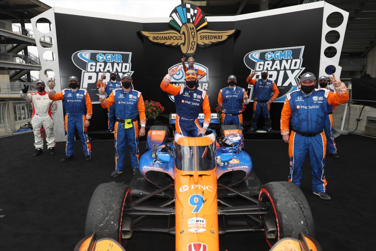 Scott Dixon and the Chip Ganassi Racing team in the new Victory Circle after winning the 2020 GMR Grand Prix at Indianapolis -- Photo by: Chris Owens