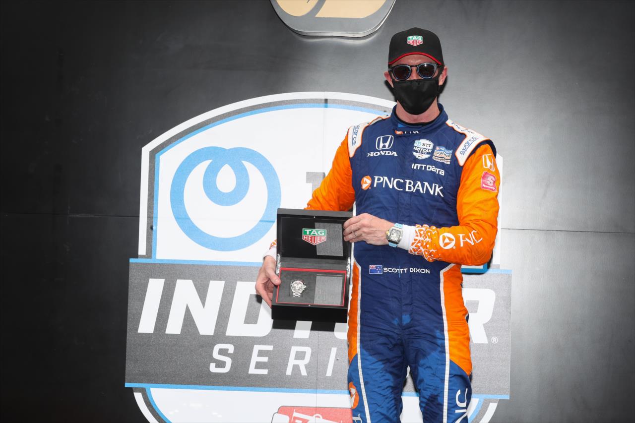 Scott Dixon with his TAG Heuer winner's watch after winning the 2020 GMR Grand Prix at the Indianapolis Motor Speedway -- Photo by: Chris Owens