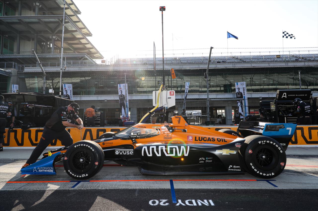 The No. 7 Arrow Chevrolet of Oliver Askew sits on pit lane during the final warmup for the 2020 GMR Grand Prix at the Indianapolis Motor Speedway -- Photo by: Chris Owens