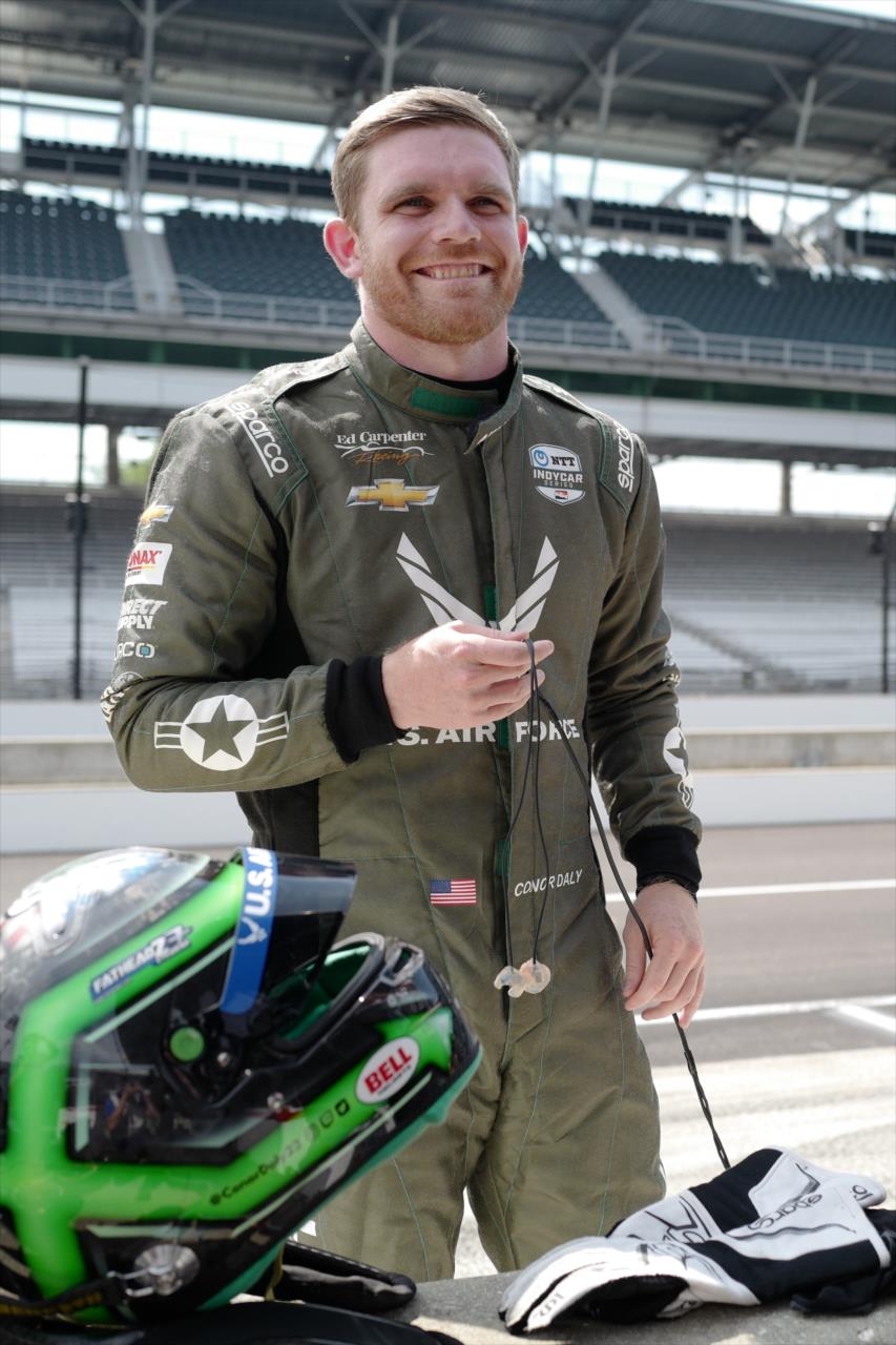 Conor Daly is all smiles along pit lane prior to the start of the final warmup for the 2020 GMR Grand Prix at the Indianapolis Motor Speedway -- Photo by: Chris Owens