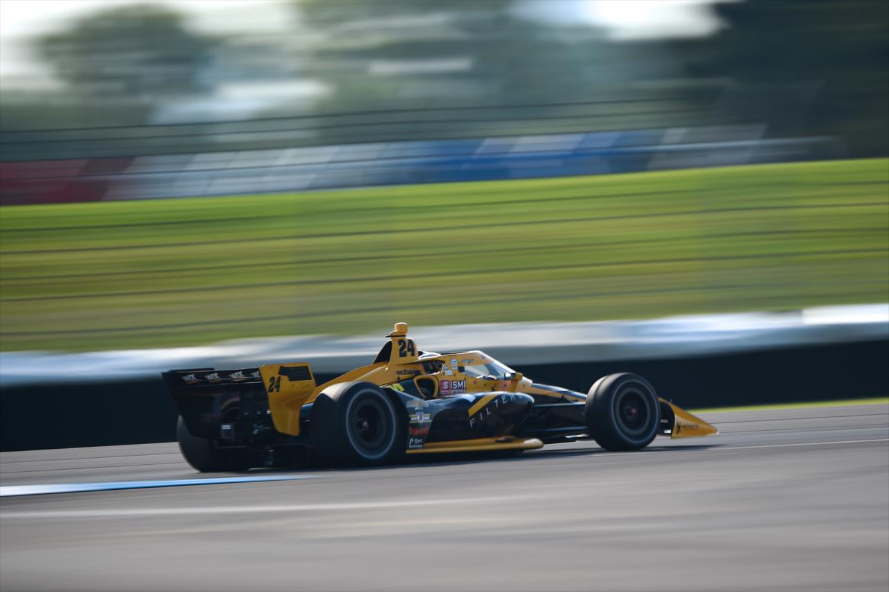 Sage Karam sets sail down the Hulman Boulevard backstretch during the final warmup for the 2020 GMR Grand Prix at the Indianapolis Motor Speedway -- Photo by: Chris Owens