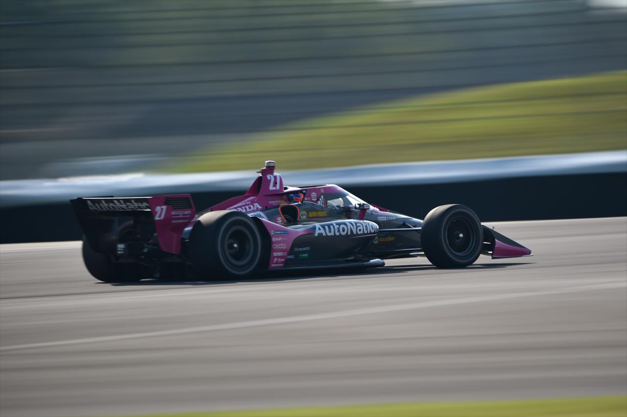 Alexander Rossi screams down the Hulman Boulevard backstretch during the 2020 GMR Grand Prix at the Indianapolis Motor Speedway -- Photo by: Chris Owens