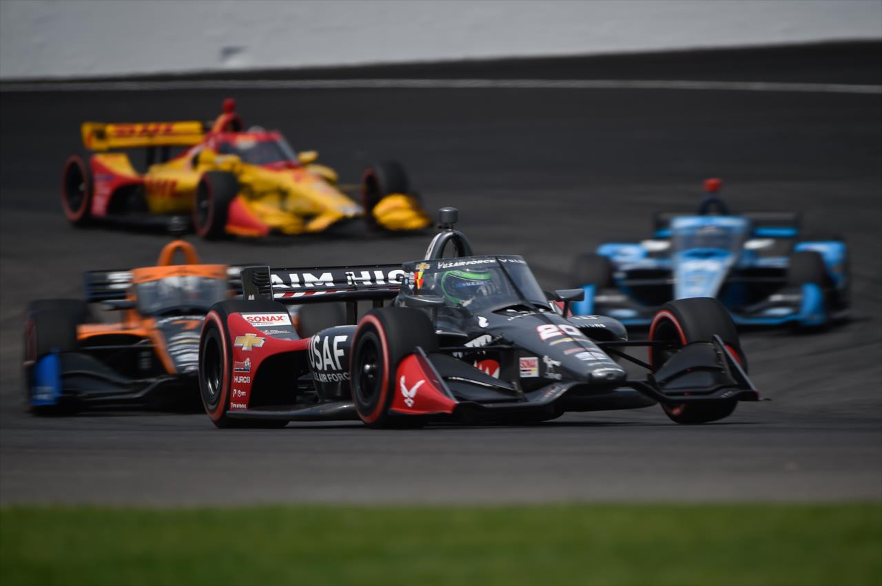 Conor Daly leads a group of cars into Turn 2 during the 2020 GMR Grand Prix at Indianapolis -- Photo by: Chris Owens