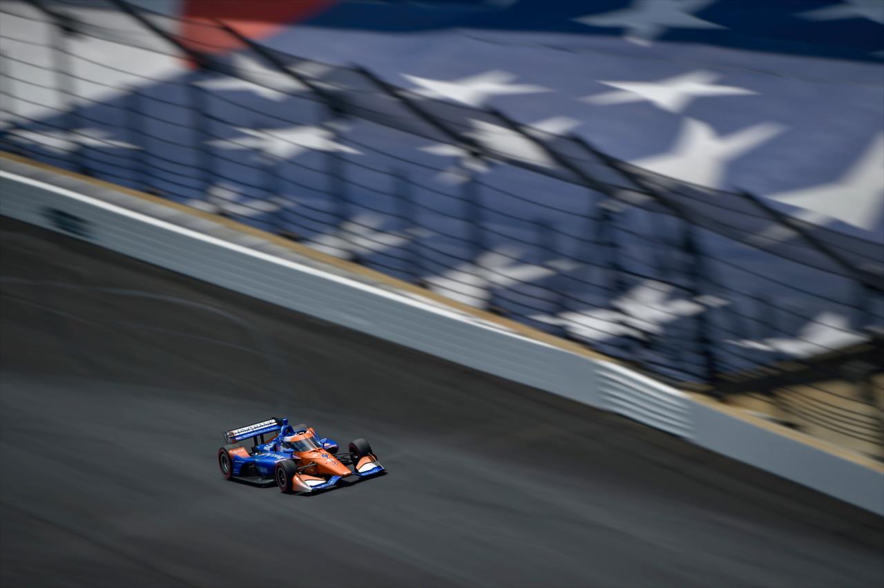 Scott Dixon streaks onto the frontstretch during the 2020 GMR Grand Prix at the Indianapolis Motor Speedway -- Photo by: Chris Owens