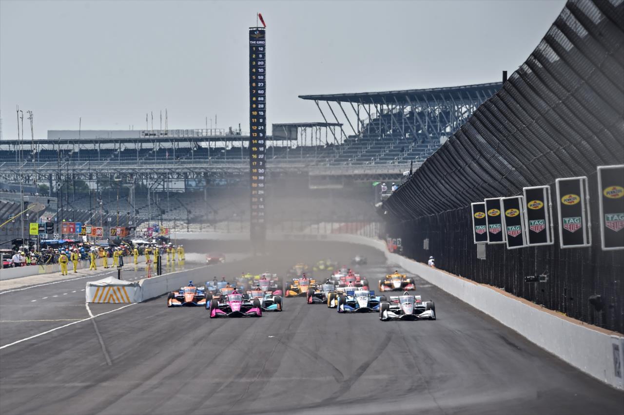 Will Power and Jack Harvey lead the field to Turn 1 at the start of the 2020 GMR Grand Prix at the Indianapolis Motor Speedway -- Photo by: John Cote