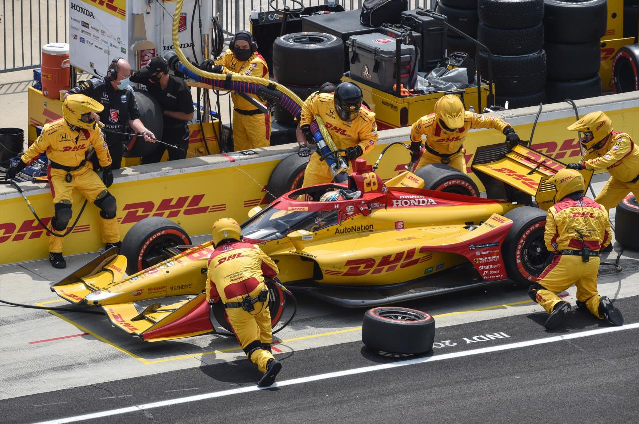 Ryan Hunter-Reay comes in for tires and fuel on pit lane during the GMR Grand Prix at the Indianapolis Motor Speedway -- Photo by: John Cote