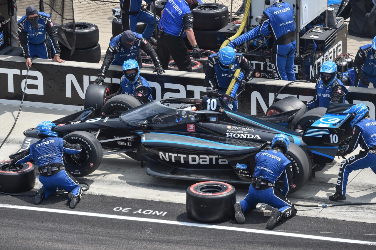 Felix Rosenqvist comes in for tires and fuel on pit lane during the GMR Grand Prix at the Indianapolis Motor Speedway -- Photo by: John Cote