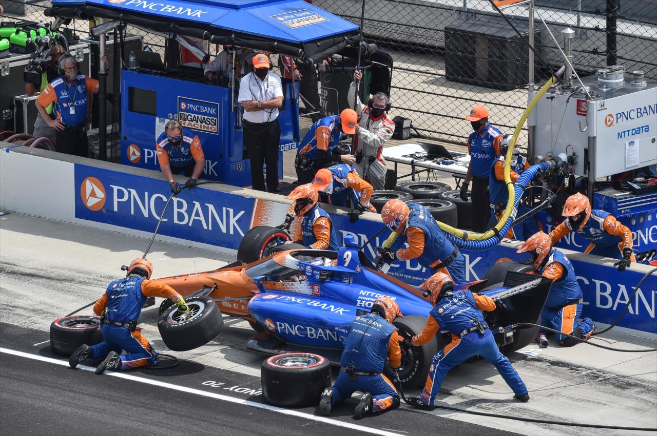 Scott Dixon comes in for tires and fuel on pit lane during the 2020 GMR Grand Prix at the Indianapolis Motor Speedway -- Photo by: John Cote