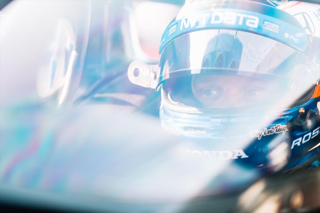 Felix Rosenqvist stares down pit lane from his No. 10 NTT DATA Honda during the final warmup for the 2020 GMR Grand Prix at the Indianapolis Motor Speedway -- Photo by: Joe Skibinski