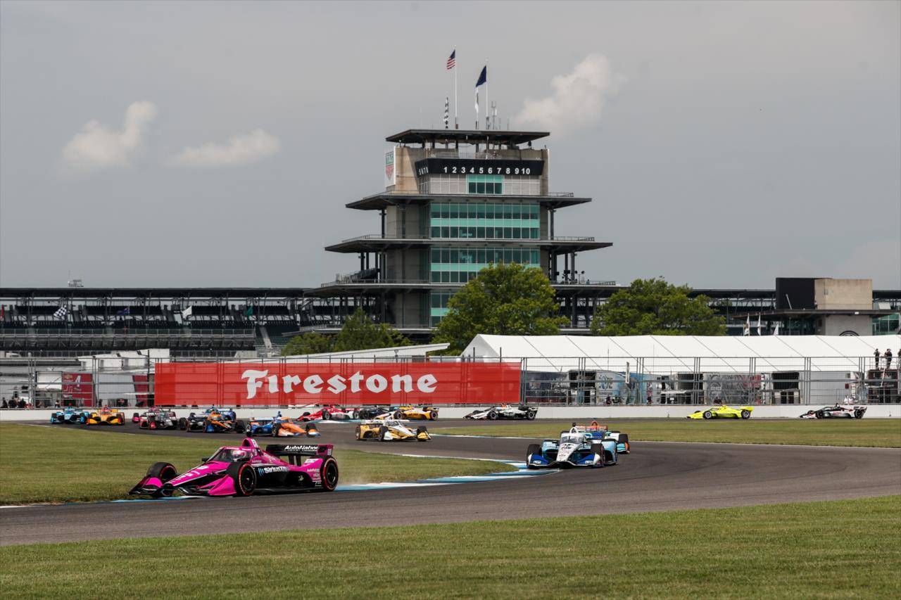 Jack Harvey leads a train of cars through the backstretch esses (Turns 8-10) during the GMR Grand Prix at Indianapolis -- Photo by: Joe Skibinski