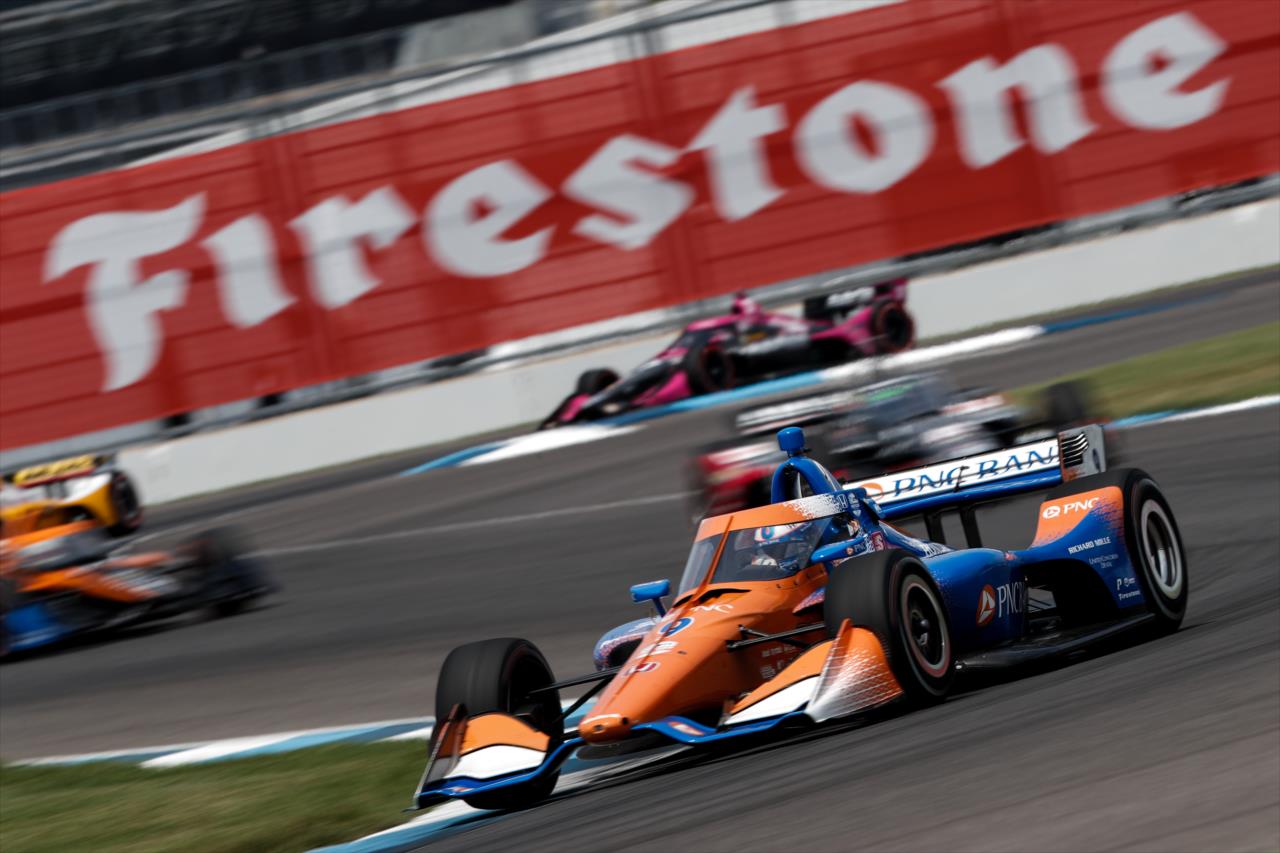 Scott Dixon leads the field into Turn 8 during the 2020 GMR Grand Prix at Indianapolis -- Photo by: Joe Skibinski