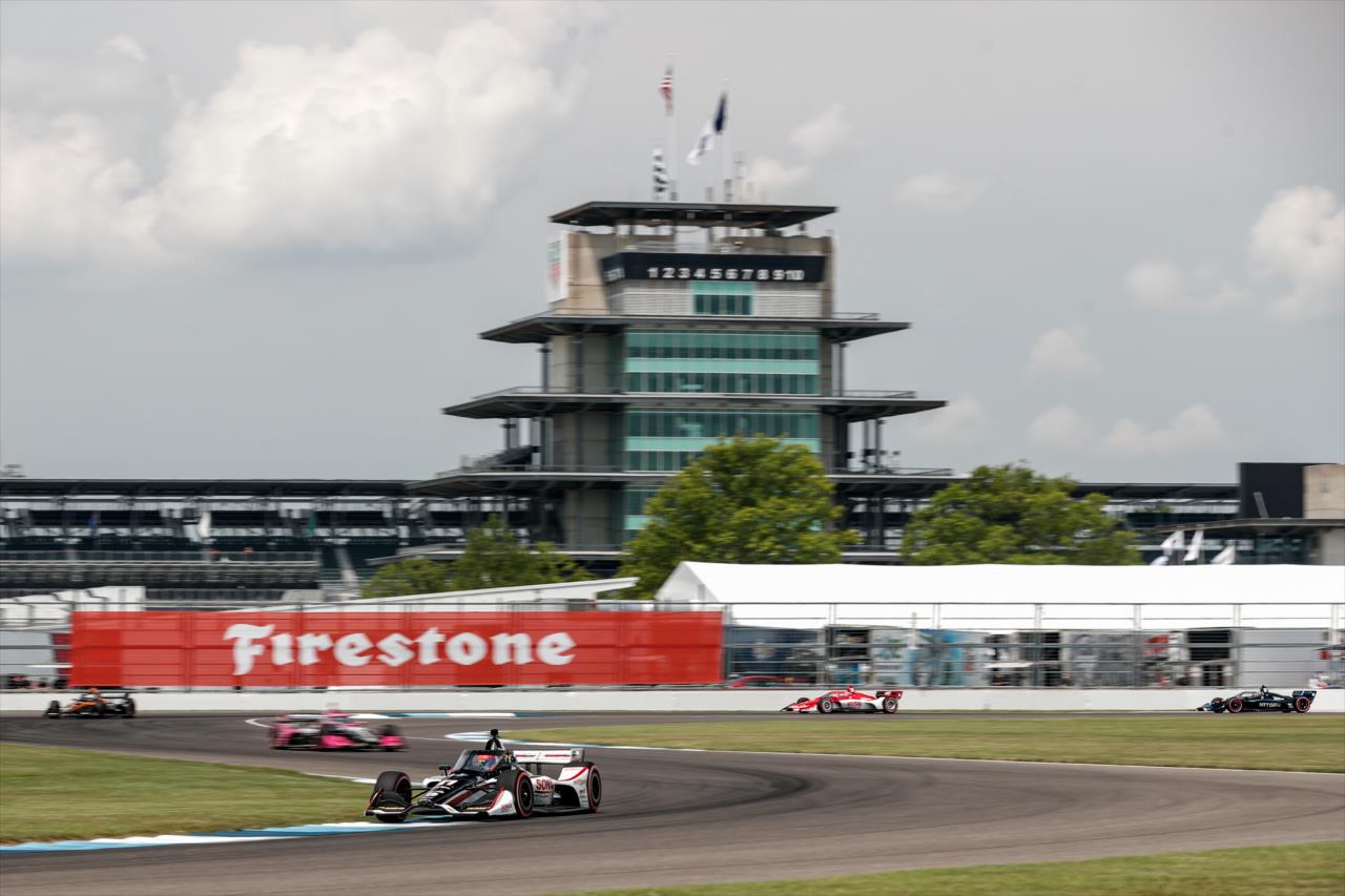 Rinus VeeKay leads a group into Turn 8 during the 2020 GMR Grand Prix at Indianapolis -- Photo by: Joe Skibinski