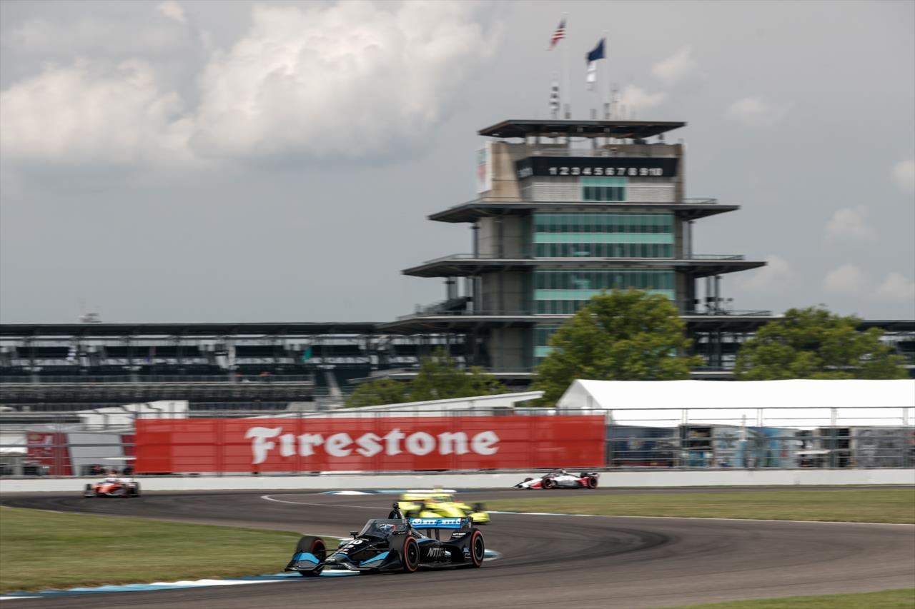 Felix Rosenqvist leads a group into Turn 8 during the 2020 GMR Grand Prix at Indianapolis -- Photo by: Joe Skibinski