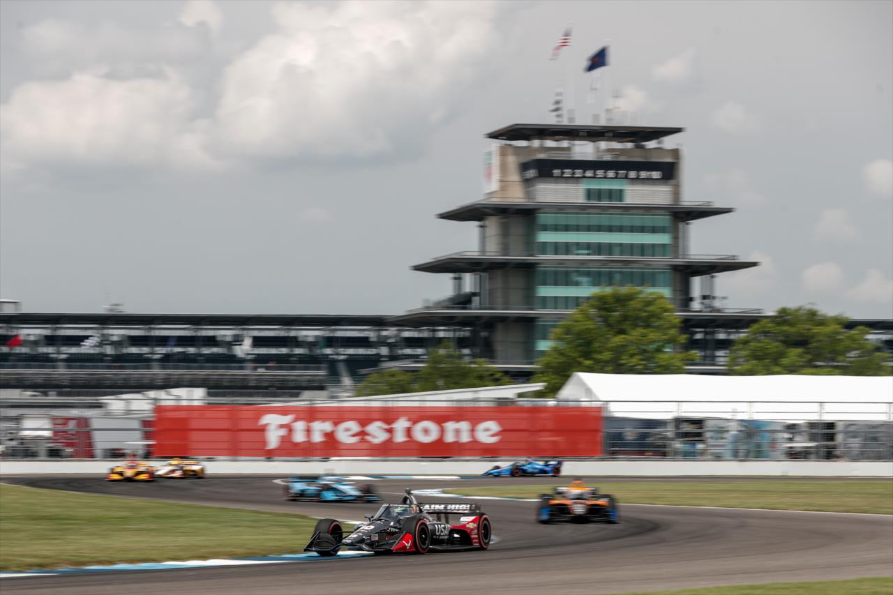 Conor Daly leads a pack through Turn 8 during the 2020 GMR Grand Prix at Indianapolis -- Photo by: Joe Skibinski