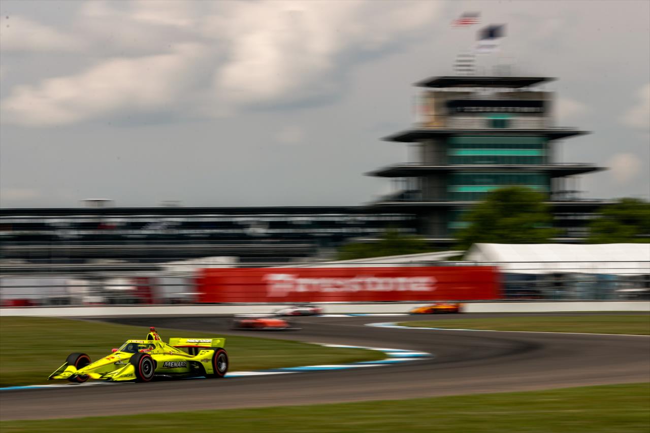Simon Pagenaud shoots out of Turn 8 during the 2020 GMR Grand Prix at Indianapolis -- Photo by: Joe Skibinski