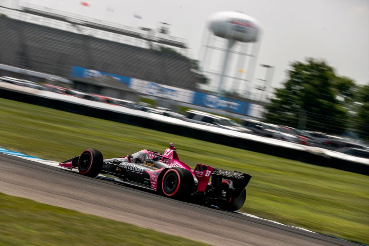 Alexander Rossi sets up for Turn 10 during the 2020 GMR Grand Prix at Indianapolis -- Photo by: Joe Skibinski