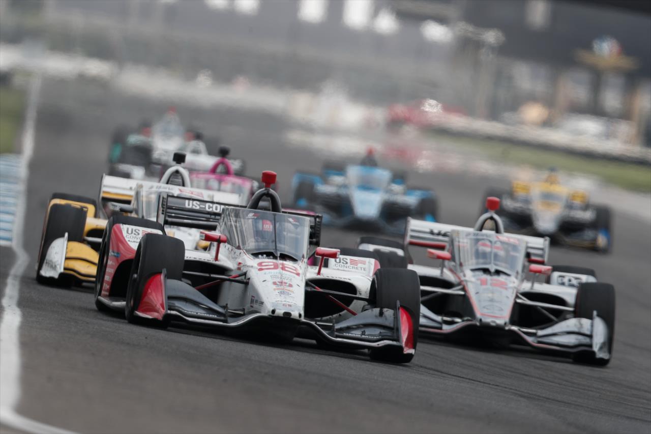 Marco Andretti leads a train of cars setting up for Turn 7 during the 2020 GMR Grand Prix at Indianapolis -- Photo by: Joe Skibinski