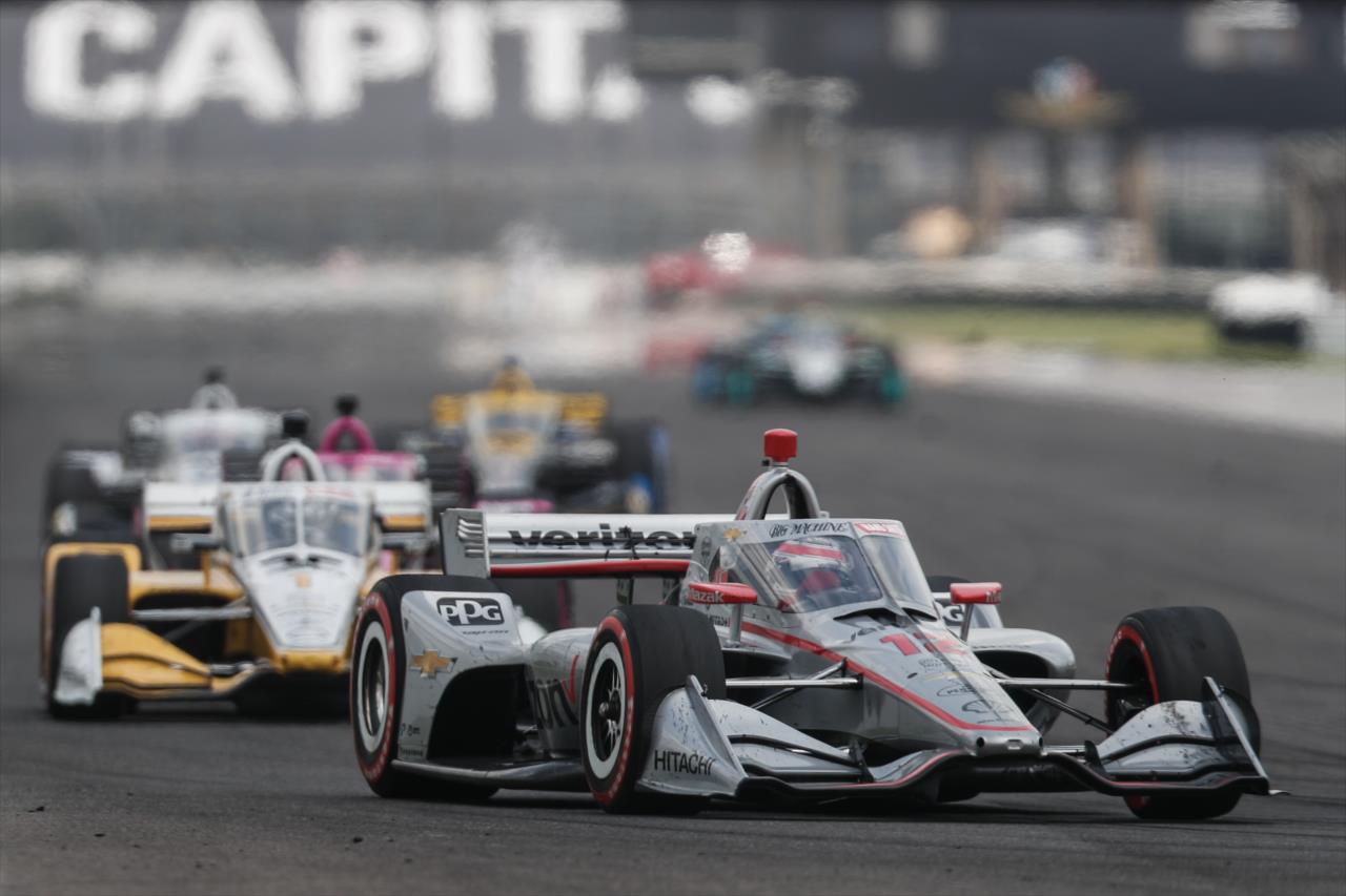 Will Power leads a train of cars setting up for Turn 7 during the 2020 GMR Grand Prix at Indianapolis -- Photo by: Joe Skibinski