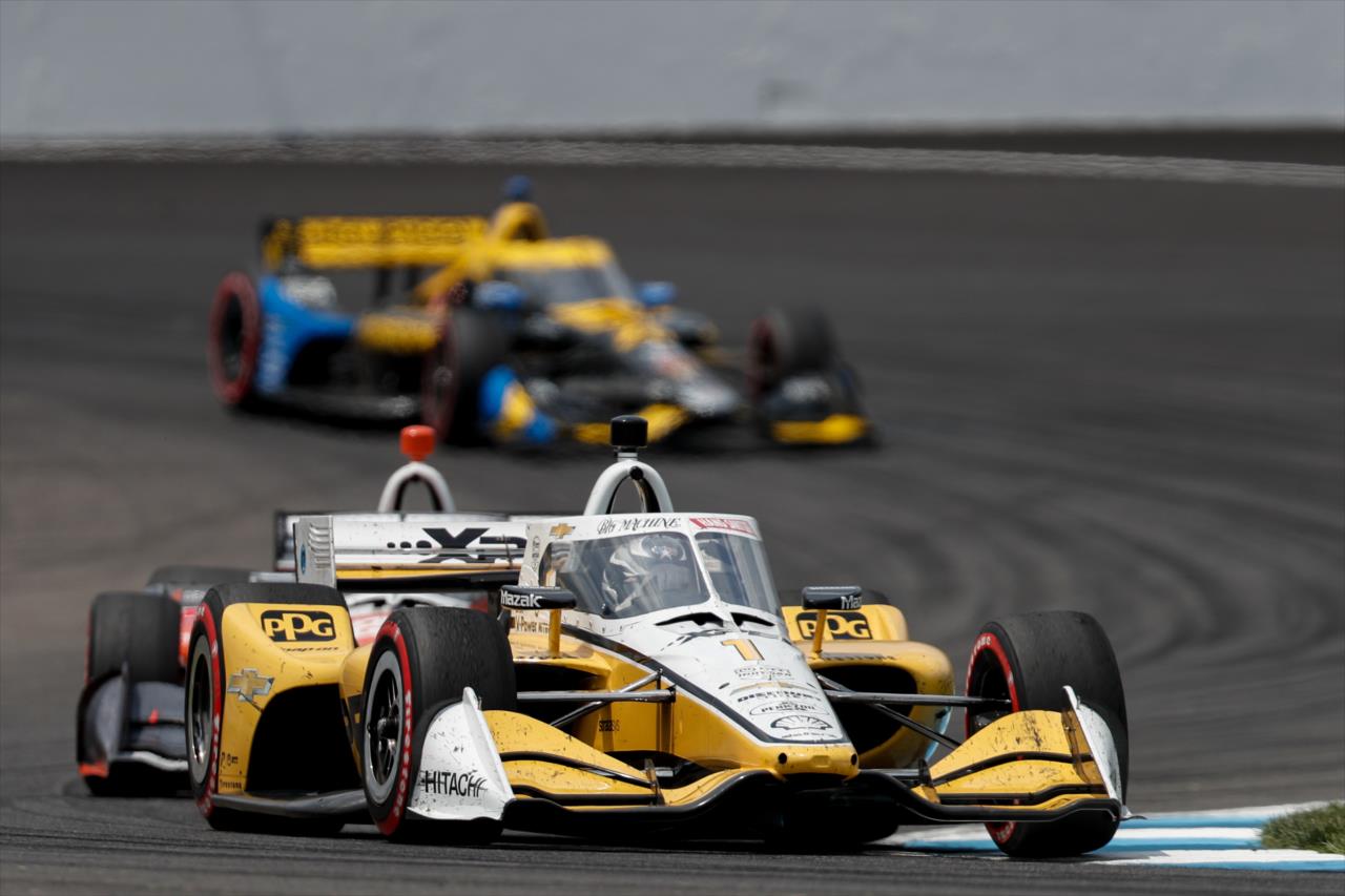 Josef Newgarden leads a group into Turn 2 during the 2020 GMR Grand Prix at Indianapolis -- Photo by: Joe Skibinski
