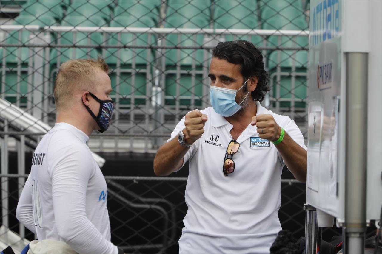 Felix Rosenqvist and Dario Franchitti during practice for the Indianapolis 500 at the Indianapolis Motor Speedway Thursday, August 13, 2020 -- Photo by: Chris Jones