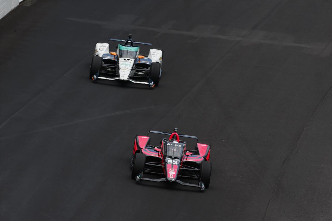 Alex Palou and Fernando Alonso during practice for the Indianapolis 500 at the Indianapolis Motor Speedway Thursday, August 13, 2020 -- Photo by: Chris Jones