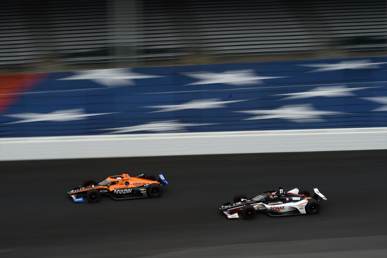 Oliver Askew and Rinus Veekay during practice for the Indianapolis 500 at the Indianapolis Motor Speedway Thursday, August 13, 2020 -- Photo by: Chris Owens