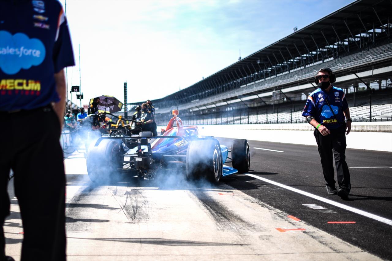 JR Hildebrand pulls out of the pits during practice for the Indianapolis 500 at the Indianapolis Motor Speedway Thursday, August 13, 2020 -- Photo by: James  Black