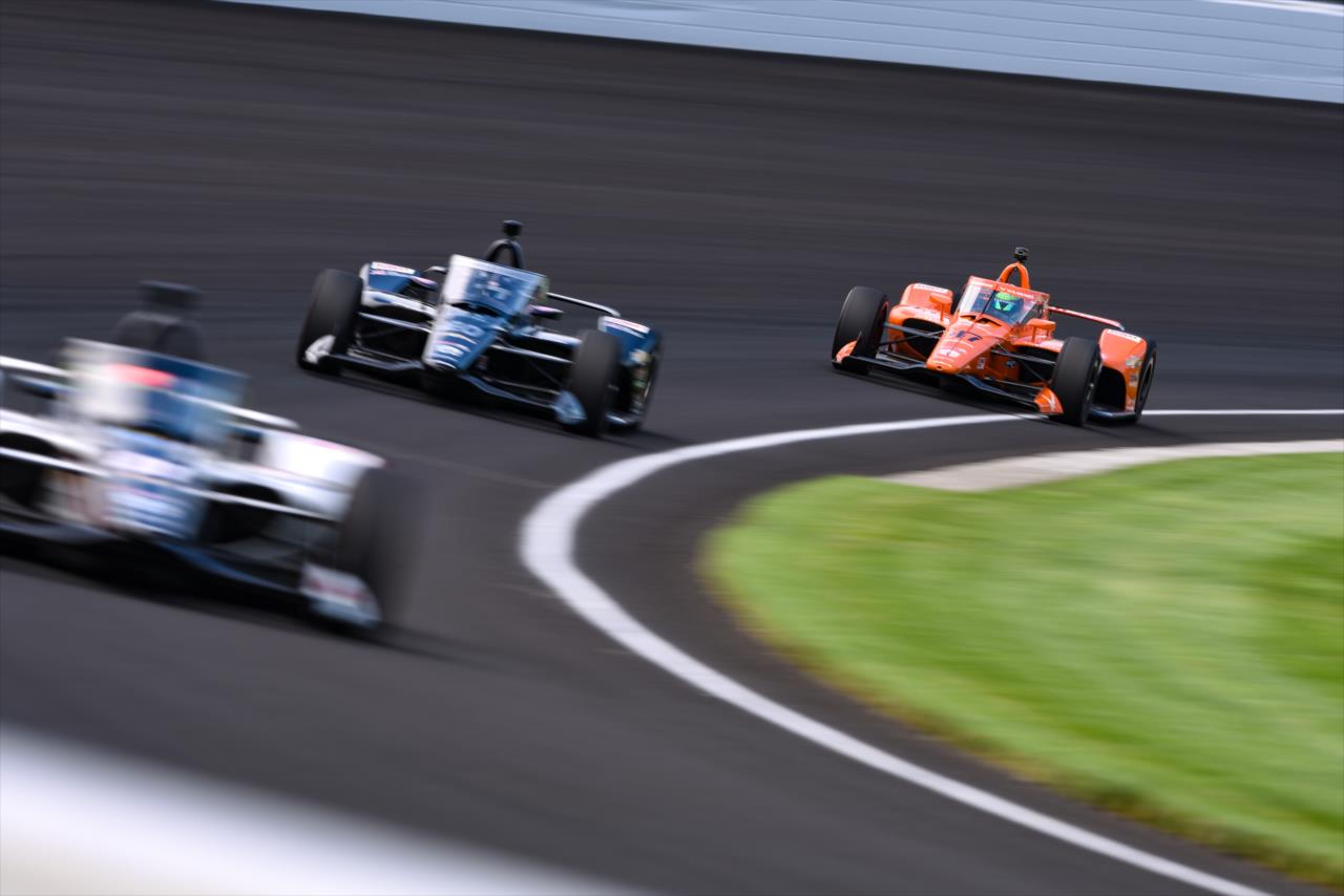 Conor Daly follows teammates Rinus VeeKay and Ed Carpenter during practice for the Indianapolis 500 at the Indianapolis Motor Speedway Thursday, August 13, 2020 -- Photo by: James  Black