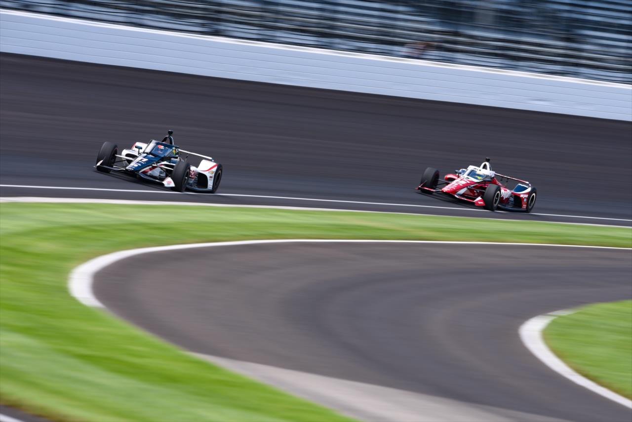 Rinus VeeKay and Spencer Pigot during practice for the Indianapolis 500 at the Indianapolis Motor Speedway Thursday, August 13, 2020 -- Photo by: James  Black