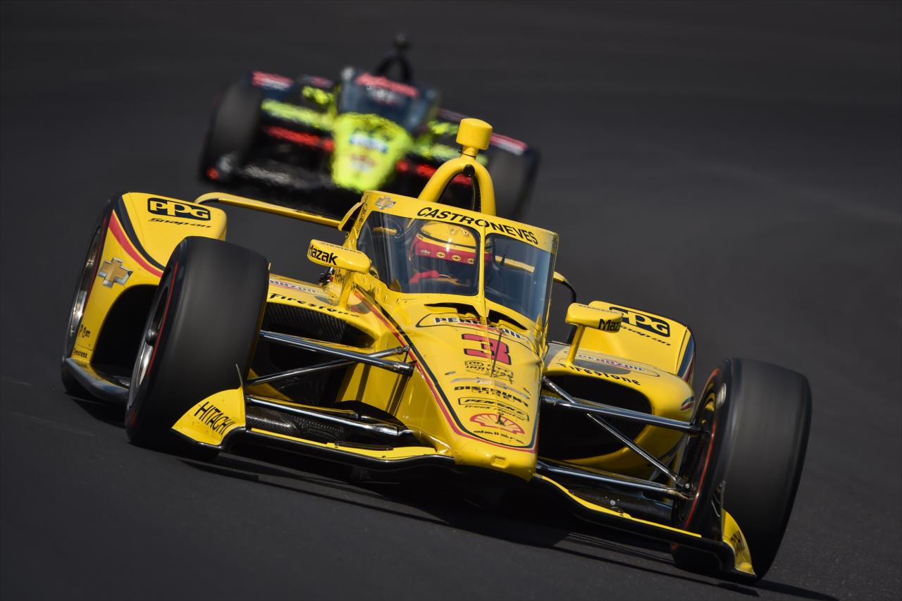 Helio Castroneves lead Santino Ferrucci during practice for the Indianapolis 500 at the Indianapolis Motor Speedway Thursday, August 13, 2020 -- Photo by: John Cote