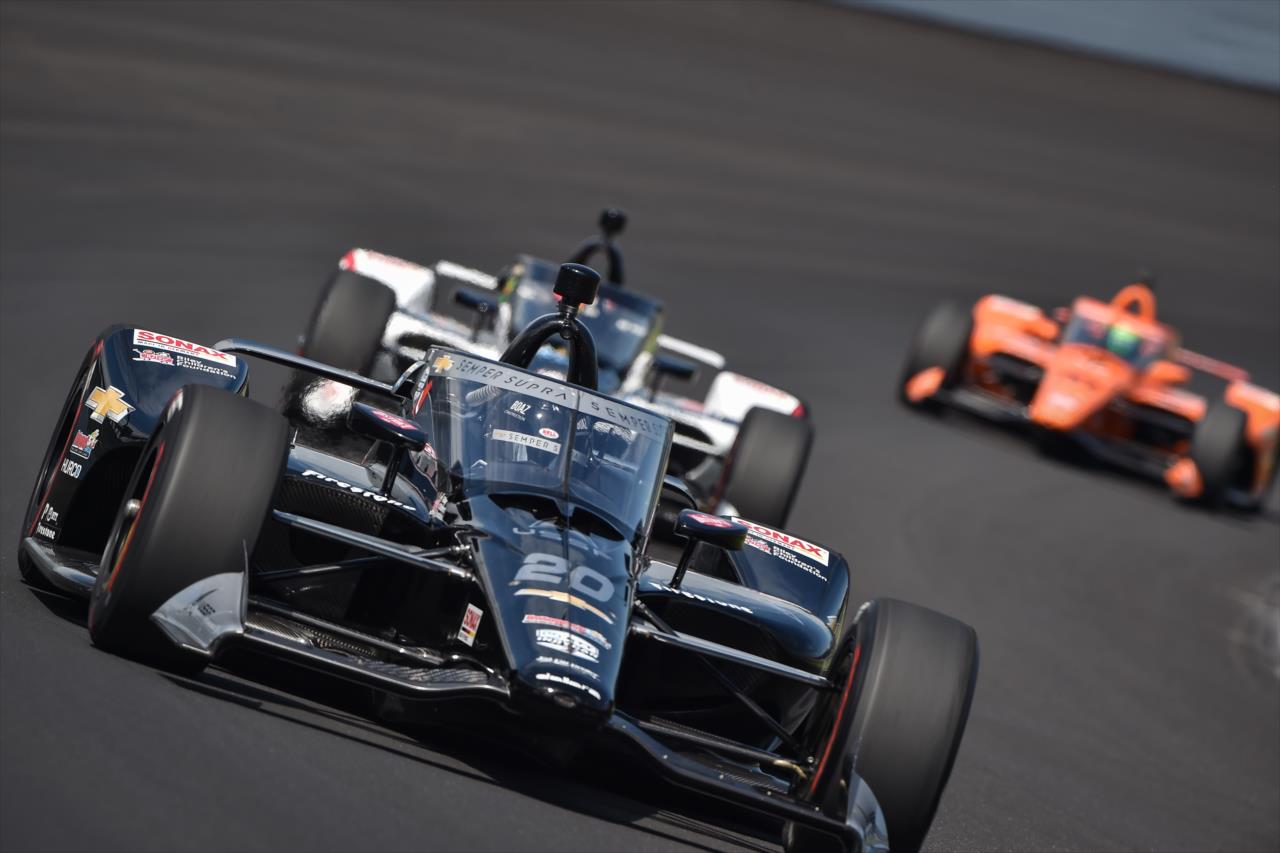 Ed Carpenter leads a line of cars during practice for the Indianapolis 500 at the Indianapolis Motor Speedway Thursday, August 13, 2020 -- Photo by: John Cote