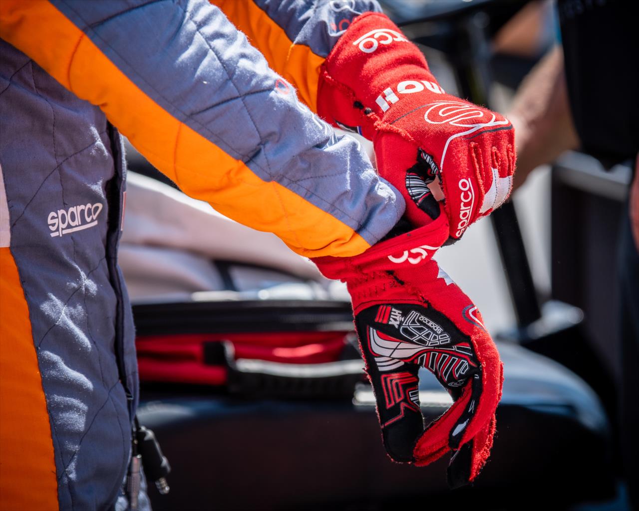 James Hinchcliffe puts on his gloves before qualifying for the Indianapolis 500 at the Indianapolis Motor Speedway Saturday, August 15, 2020 -- Photo by: Karl Zemlin