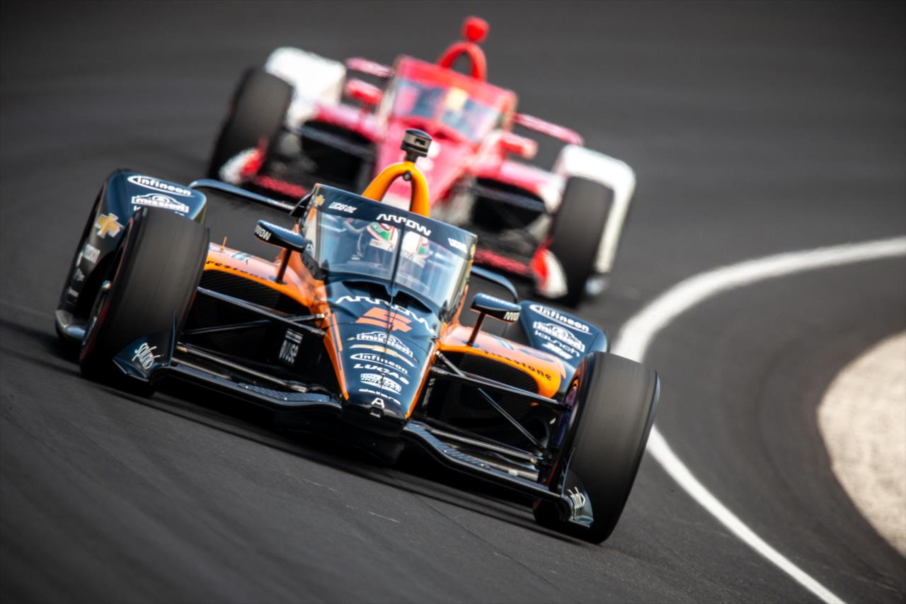 Pato O'Ward leads Marcus Ericsson during practice for the Indianapolis 500 at the Indianapolis Motor Speedway Thursday, August 13, 2020 -- Photo by: Karl Zemlin