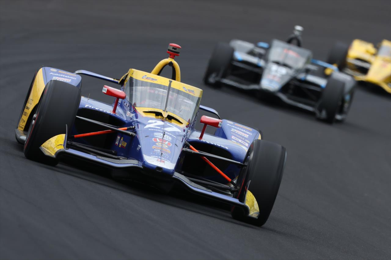 Alexander Rossi leads a line of cars during practice for the Indianapolis 500 at the Indianapolis Motor Speedway Thursday, August 13, 2020 -- Photo by: Matt Fraver