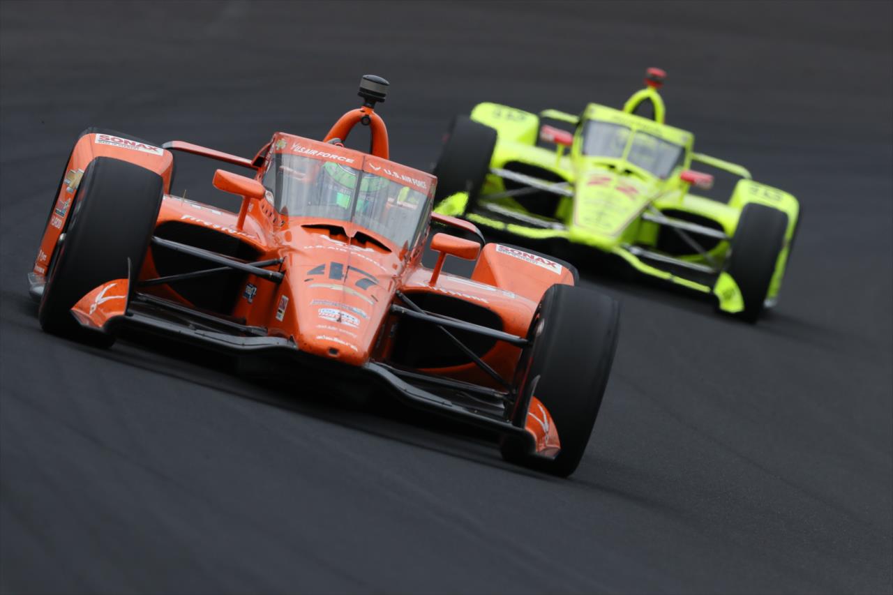 Conor Daly leads Simon Pagenaud during practice for the Indianapolis 500 at the Indianapolis Motor Speedway Thursday, August 13, 2020 -- Photo by: Matt Fraver