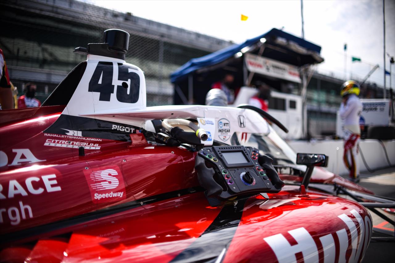 Spencer Pigot's steering wheel sits on his sidepod during practice for the Indianapolis 500 at the Indianapolis Motor Speedway Thursday, August 13, 2020 -- Photo by: James  Black