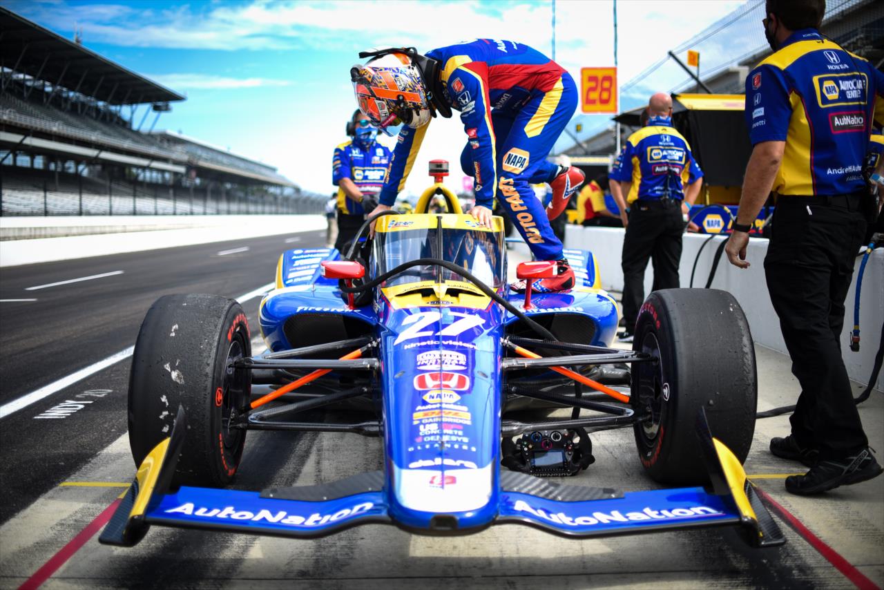 Alexander Rossi during practice for the Indianapolis 500 at the Indianapolis Motor Speedway Friday, August 14, 2020 -- Photo by: James  Black