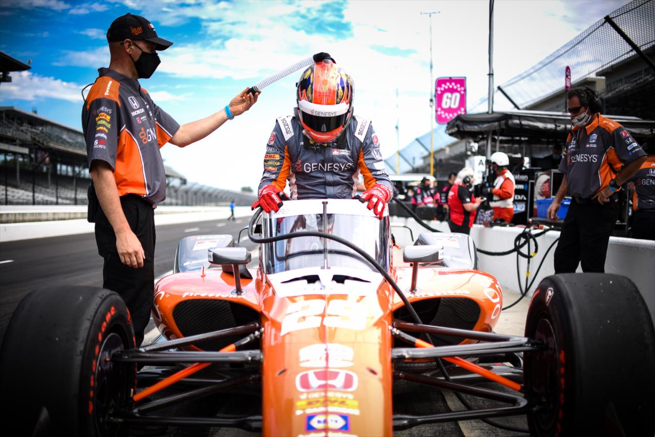 James Hinchcliffe during practice for the Indianapolis 500 at the Indianapolis Motor Speedway Friday, August 14, 2020 -- Photo by: James  Black