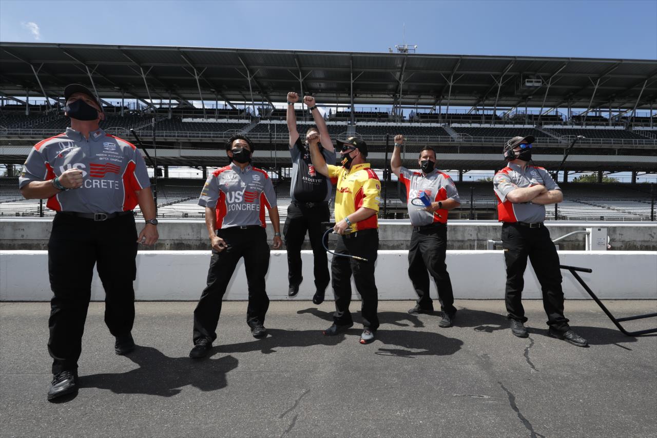 Marco Andretti's crew celebrates on Pole Day for the Indianapolis 500 at the Indianapolis Motor Speedway Sunday, August 16, 2020 -- Photo by: Chris Jones
