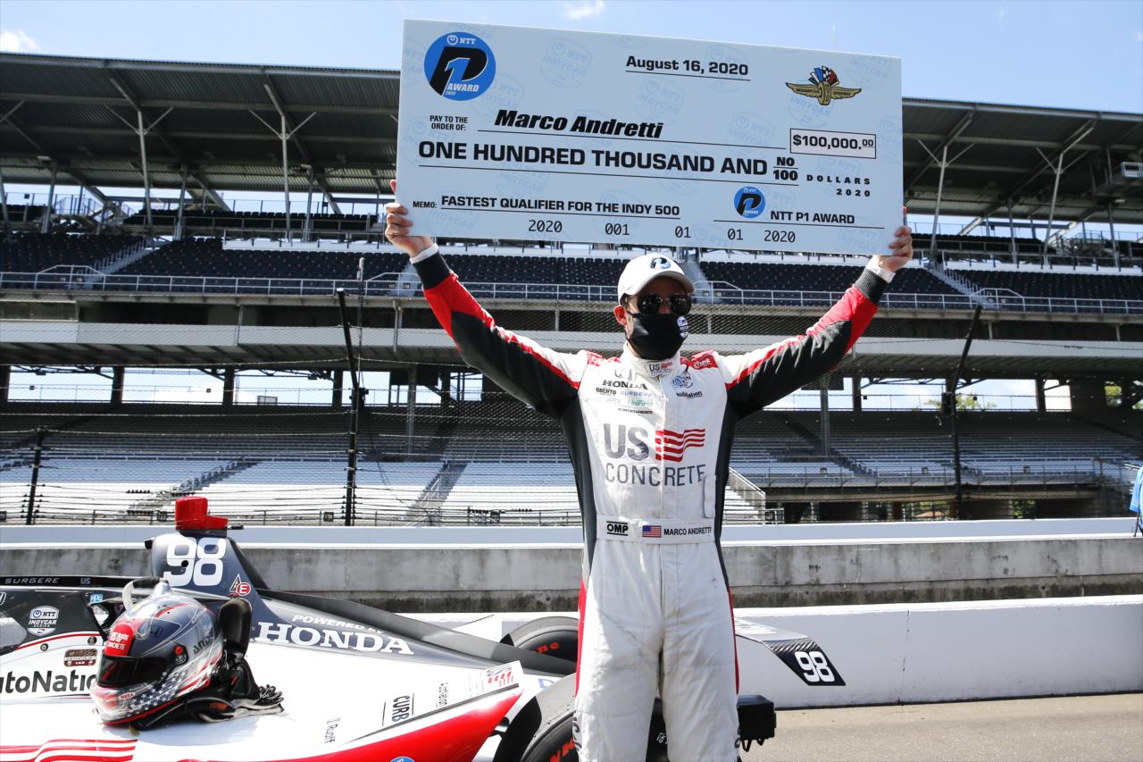 Marco Andretti wins the Pole for the Indianapolis 500 at the Indianapolis Motor Speedway Sunday, August 16, 2020 -- Photo by: Chris Jones