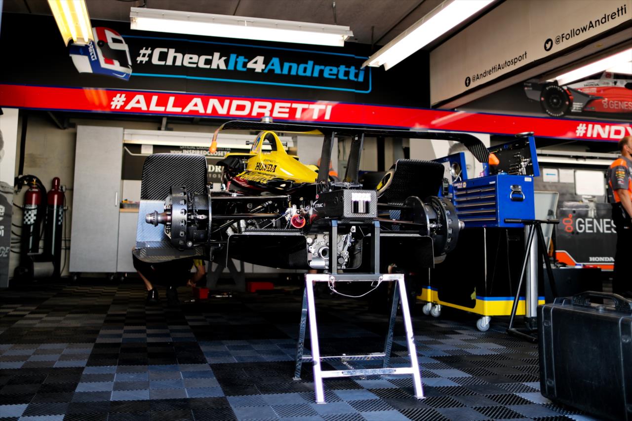 Zach Veach's car sits in his garage on Pole Day for the Indianapolis 500 at the Indianapolis Motor Speedway Sunday, August 16, 2020 -- Photo by: Joe Skibinski