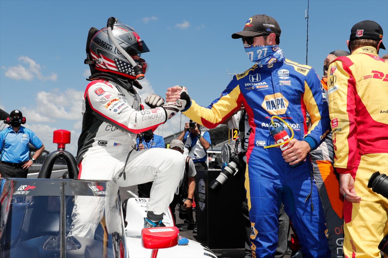 Alexander Rossi congratulates Marco Andretti on Pole Day for the Indianapolis 500 at the Indianapolis Motor Speedway Sunday, August 16, 2020 -- Photo by: Joe Skibinski