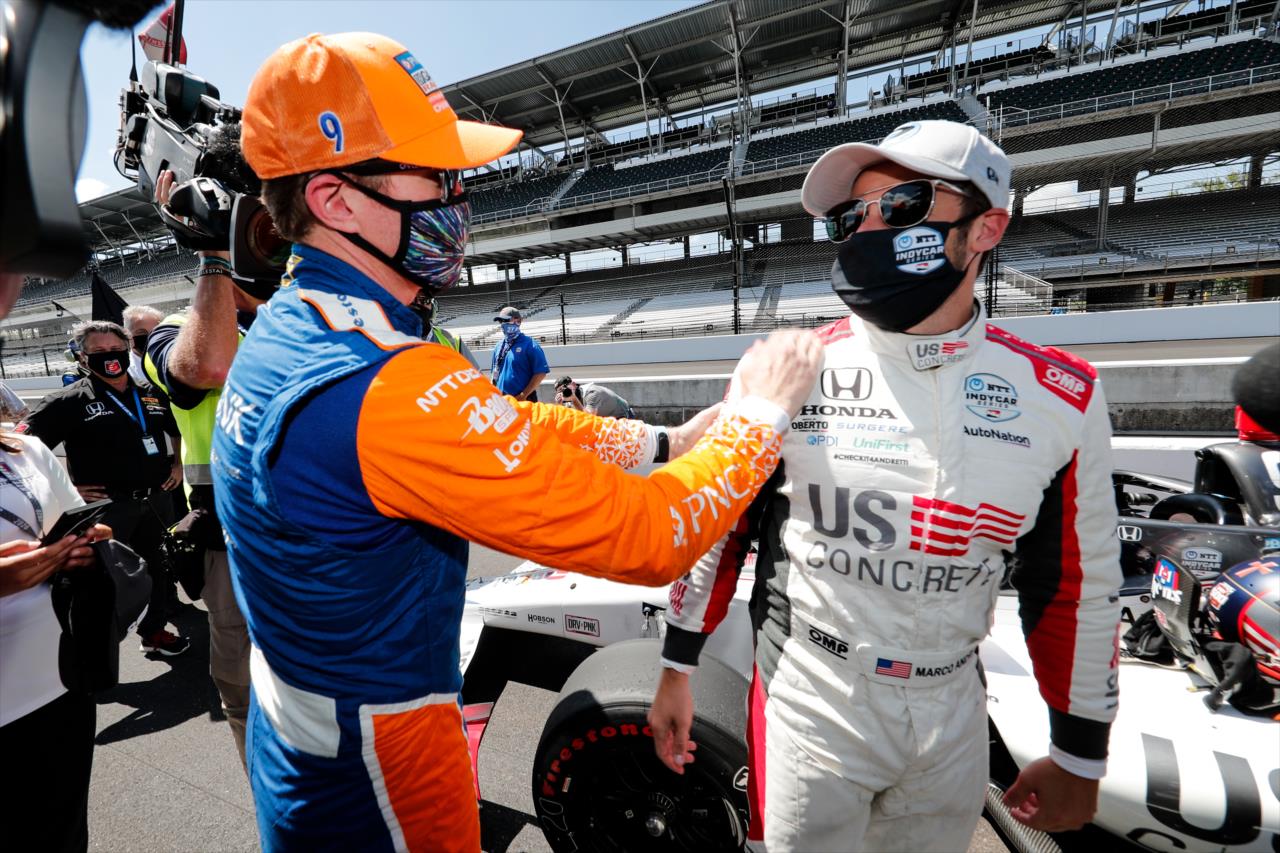 Scott Dixon congratulates Marco Andretti on Pole Day for the Indianapolis 500 at the Indianapolis Motor Speedway Sunday, August 16, 2020 -- Photo by: Joe Skibinski