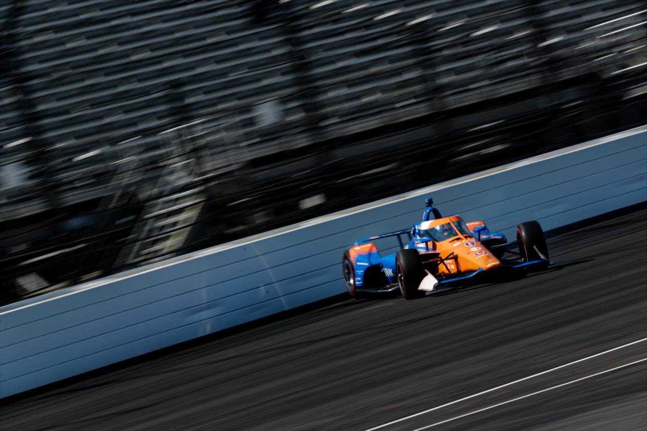 Scott Dixon glances off the Turn 4 wall on Pole Day for the Indianapolis 500 at the Indianapolis Motor Speedway Sunday, August 16, 2020 -- Photo by: Joe Skibinski
